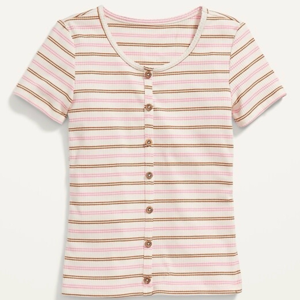 Rib-Knit Button-Front Short-Sleeve Top for Girls